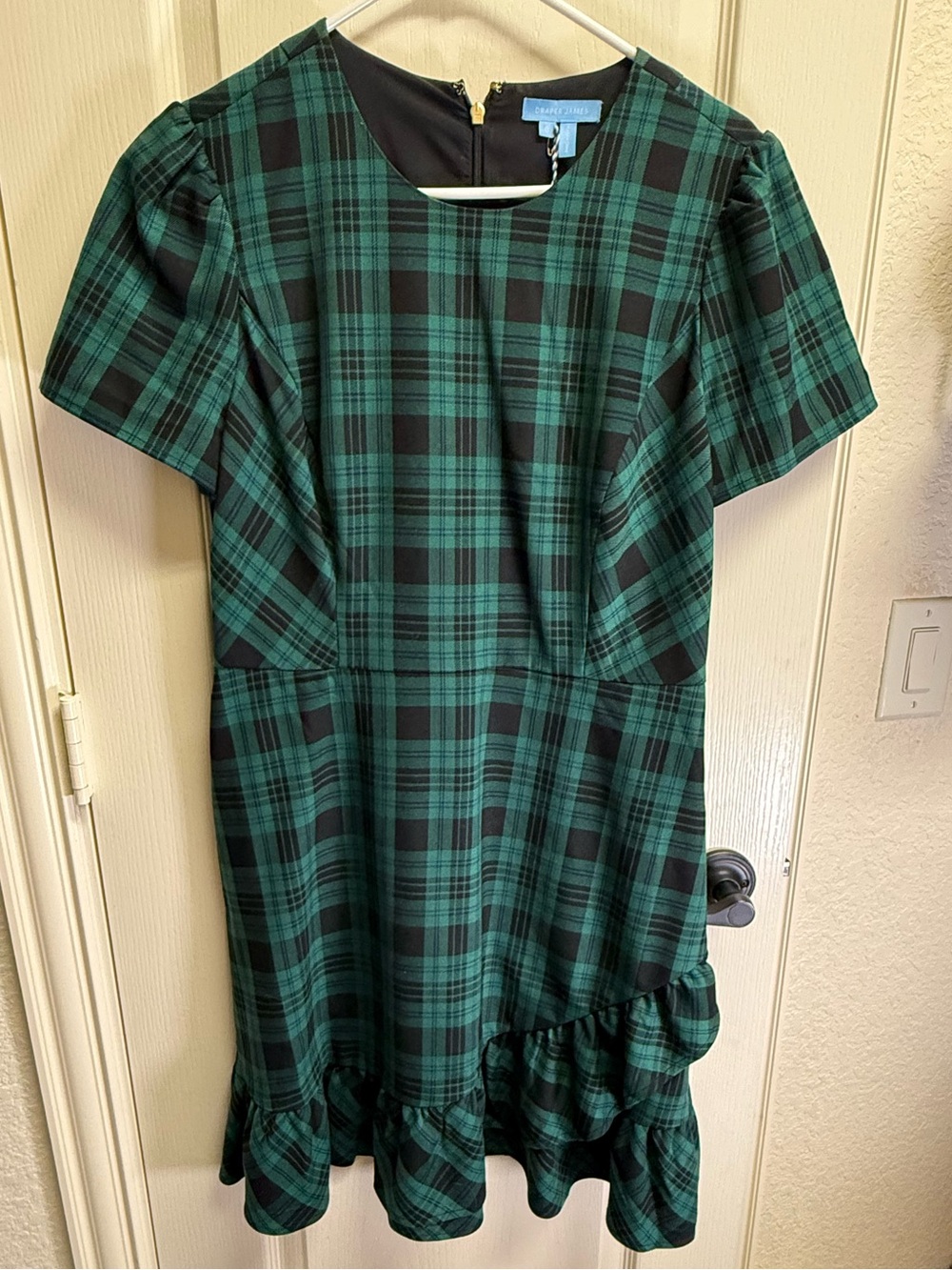 Draper James Black and Green Plaid Short-Sleeve Ruffle Hem Dress